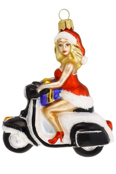 Ms. Santa auf Motorroller schwarz-weiß